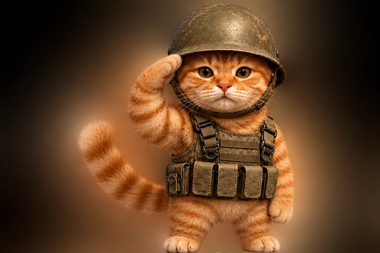 Trenchcat saluting in a tactical vest